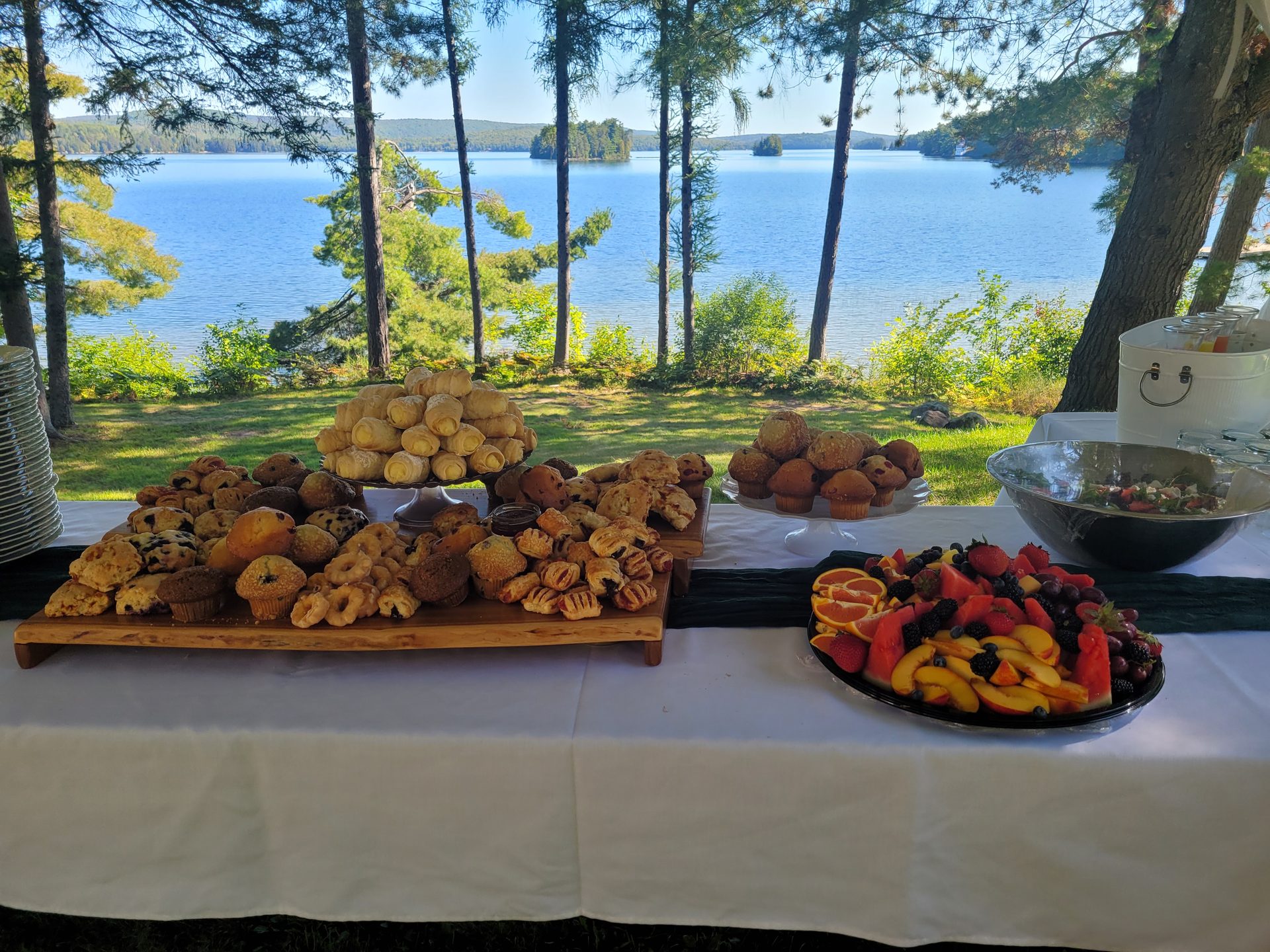 Family BBQ catering - lakefront outdoor brunch buffet in Northern Ontario